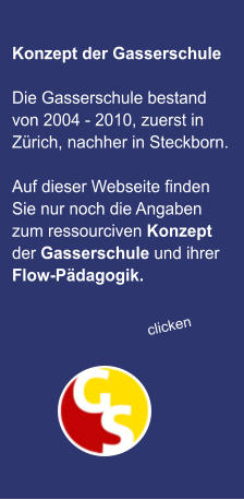 Konzept der Gasserschule  Die Gasserschule bestand von 2004 - 2010, zuerst in Zürich, nachher in Steckborn.   Auf dieser Webseite finden Sie nur noch die Angaben zum ressourciven Konzept der Gasserschule und ihrer Flow-Pädagogik.  clicken